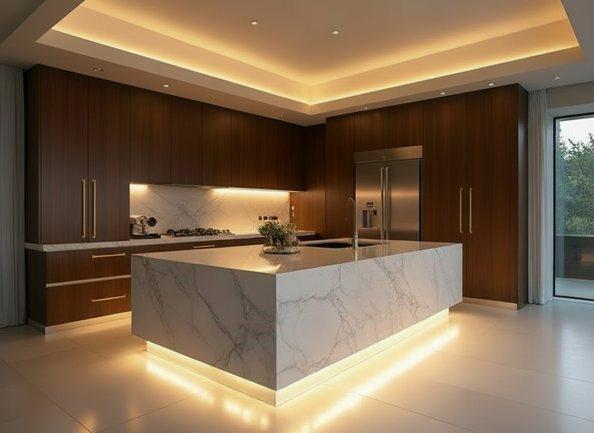 Modern kitchen with under cabinet lighting and illuminated marble island